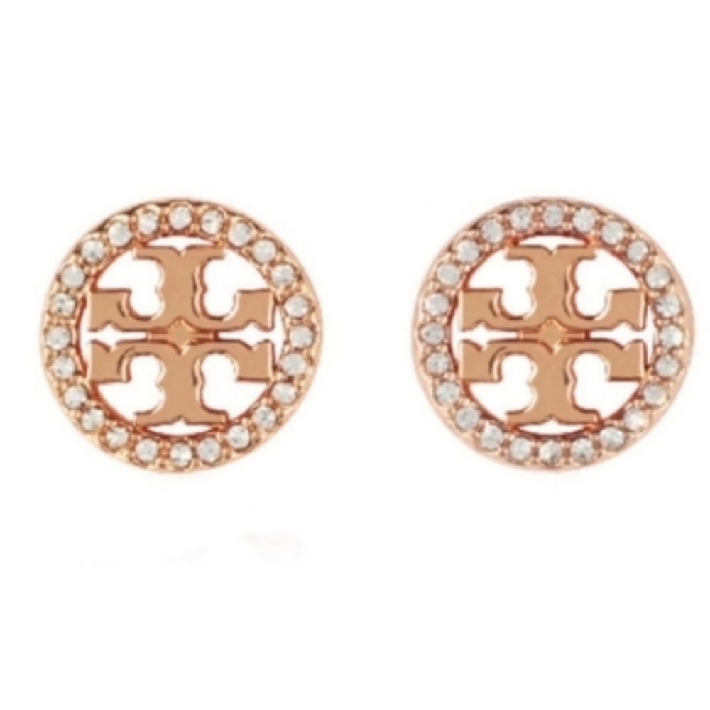 Tory Burch Crystal Logo Circle Stud Earrings in Rose Gold